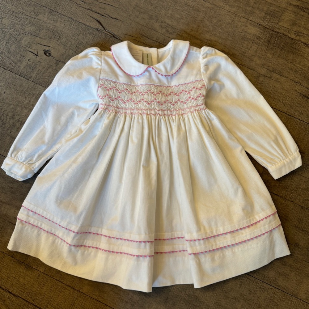 Collection Bebe Girls Winter White Corduroy Dress with Pink Smocking Detail